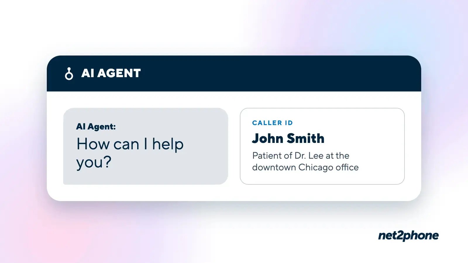 AI Agent asks a caller “How can I help you?” while caller ID identifies John Smith as a patient of Dr. Lee at the downtown Chicago office.