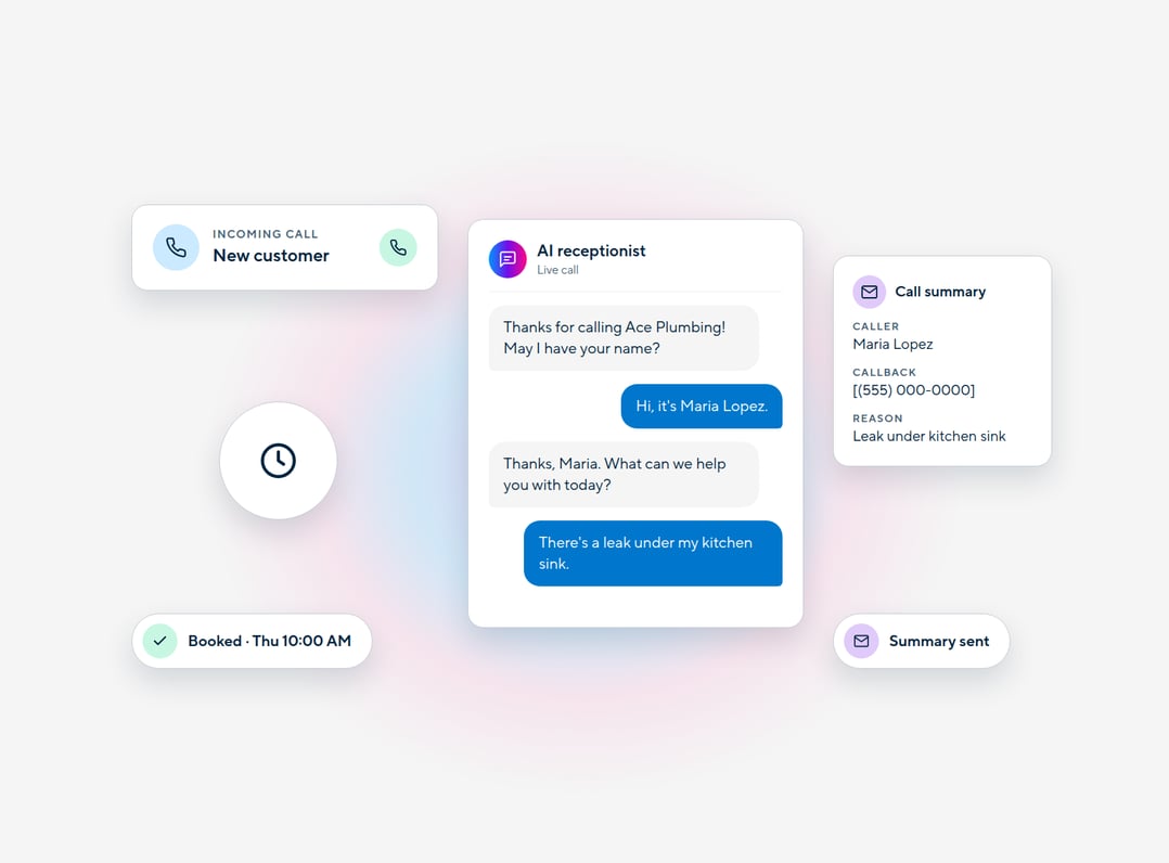 An AI receptionist answers a call for a plumbing company, captures the caller’s name, callback number, and reason for calling, books an appointment for Thursday at 10:00 AM, and sends a call summary.