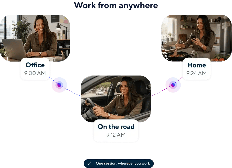 An image showing the same woman in three different times, one at 9am working from the office, another at 9:12am in her car on the road, and a third at 9:24am on her cellphone in her home