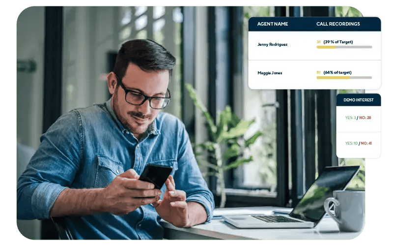 Man looking at a cellphone with a bubble around him showing stats of different sales agents