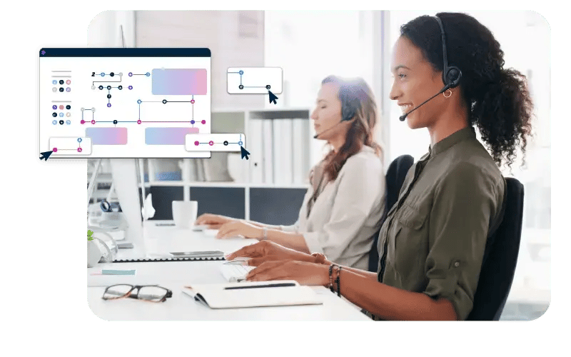 An image showing an agent with a headset with an overlay of a complex workflow happening behind the scenes