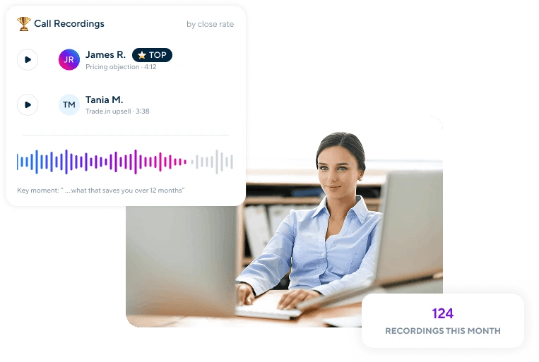 A woman on her desktop computer with a bubble showing the next caller in queue, and another bubble showing statistics such as Queue Volume, average wait time, agents available, and the number of busy agents.