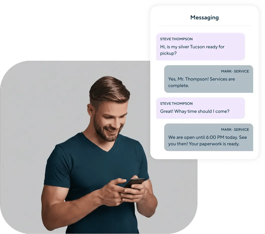 Man holding cellphone with a bubble outlining messaging that's focused on picking up his silver Tuscon from a dealership service department at 6pm