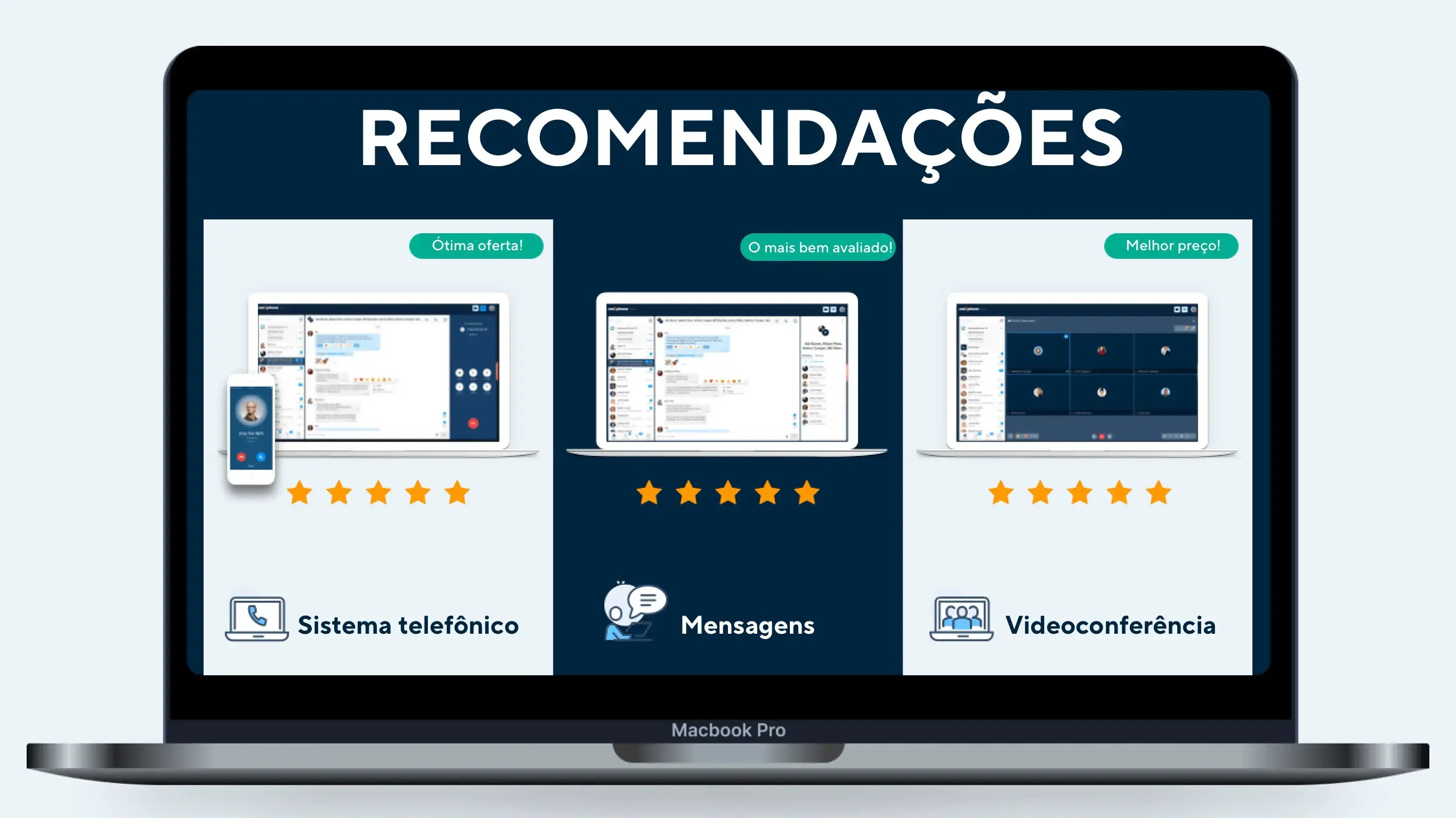 Três recomendações de software de comunicação mostradas na tela do MacBook Pro com soluções de telefone, mensagens e videoconferência
