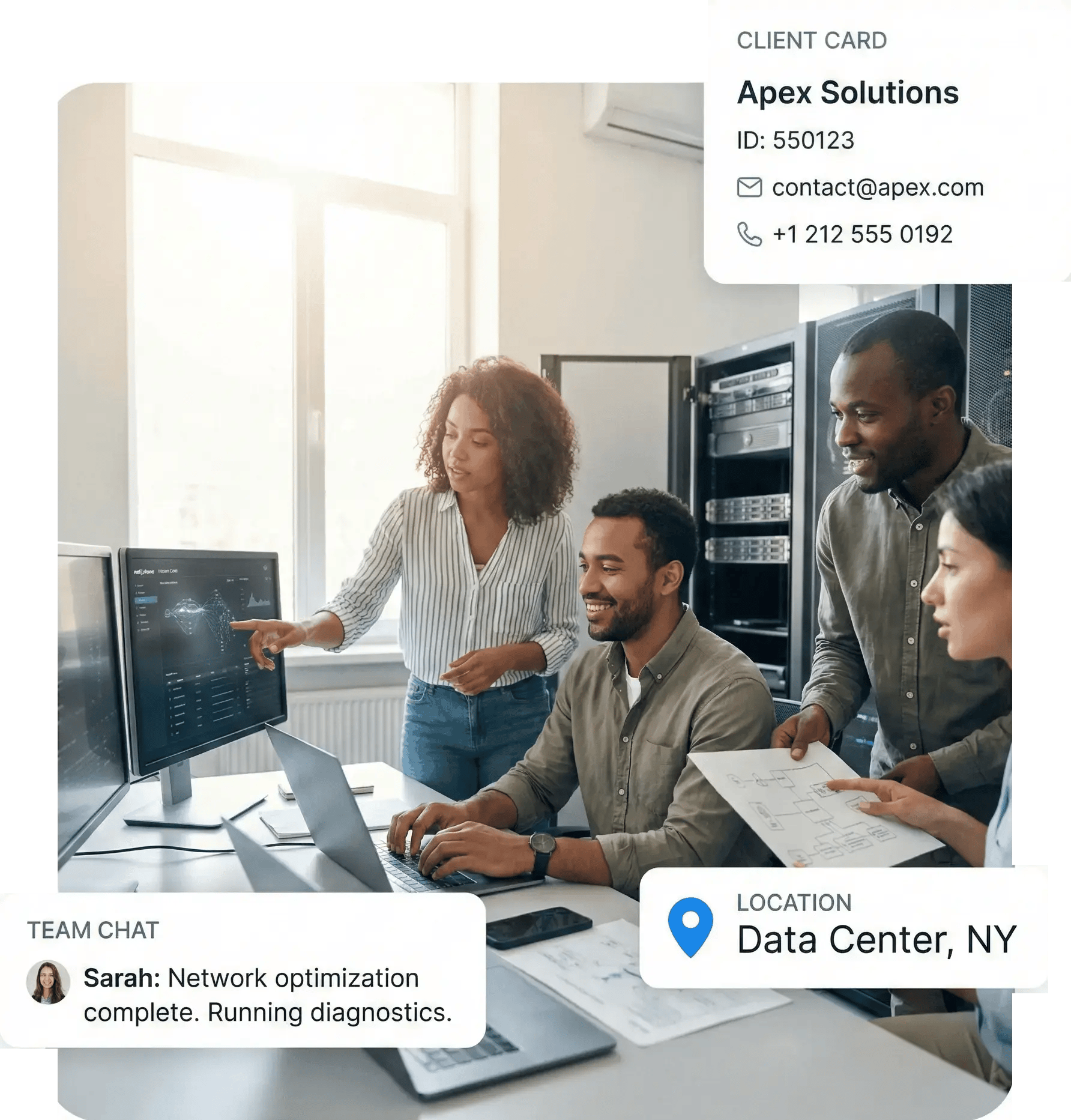 Four people around a computer with a server in the background. Bubbles all around them showing a team chatt, a client card with contact information, and a location for 