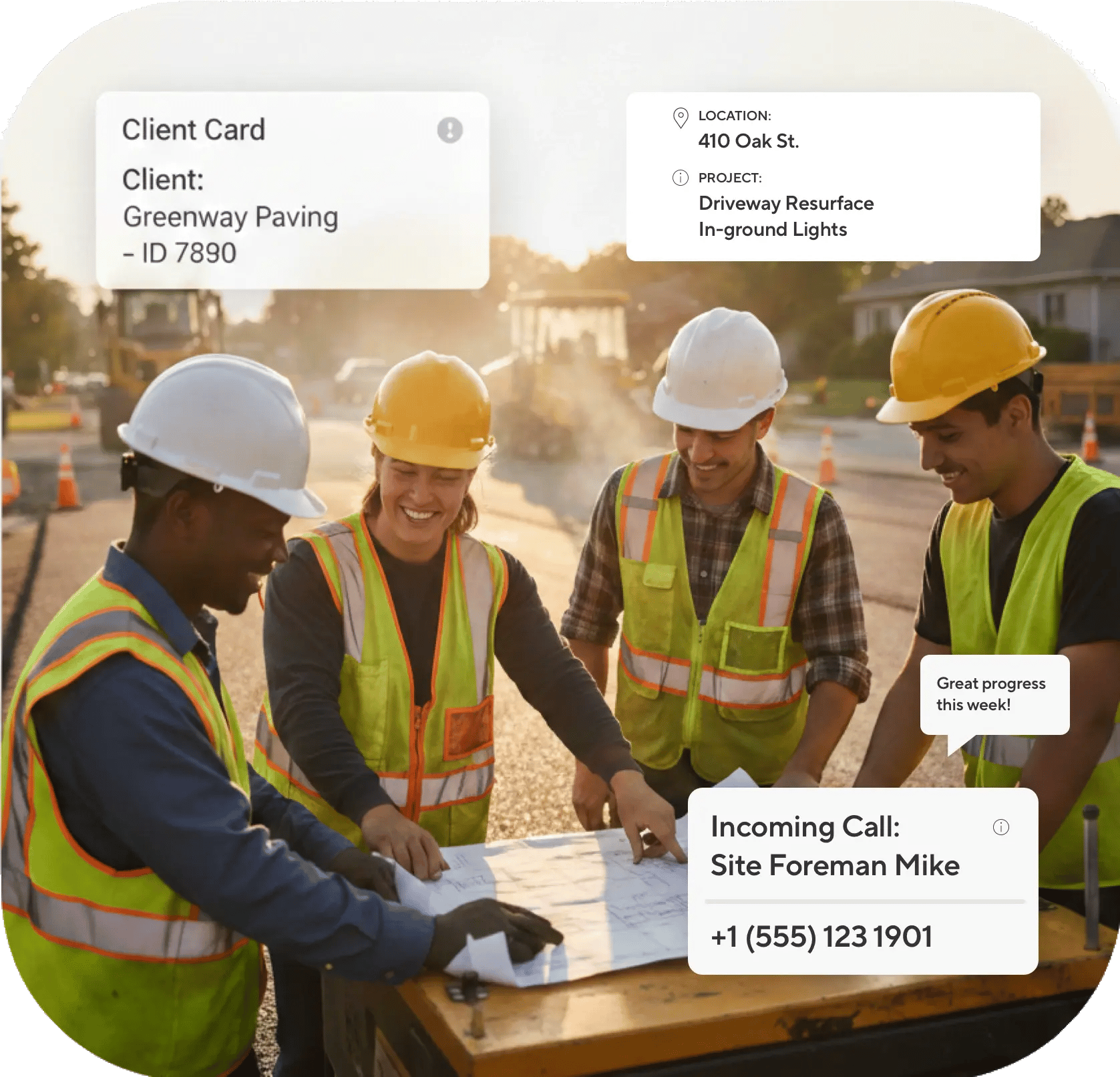 Four people standing around a table in hardhats and reflective vests with information bubbles around them. One bubble outlines a client card, another has address and project information, and the third is an incoming call from the site foreman.
