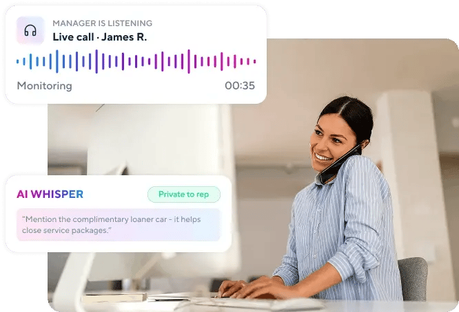 A woman on her desktop computer with a bubble showing the next caller in queue, and another bubble showing statistics such as Queue Volume, average wait time, agents available, and the number of busy agents.