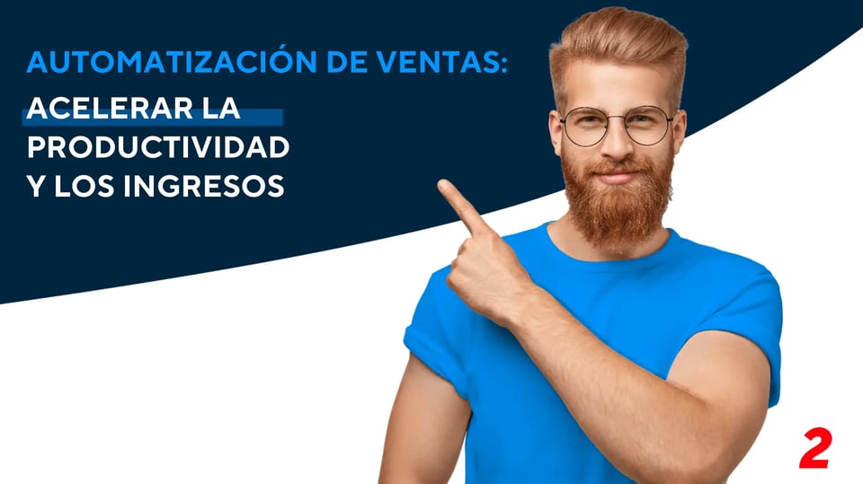Hombre que señala un titular sobre la automatización de las ventas que aumenta la productividad y los ingresos.