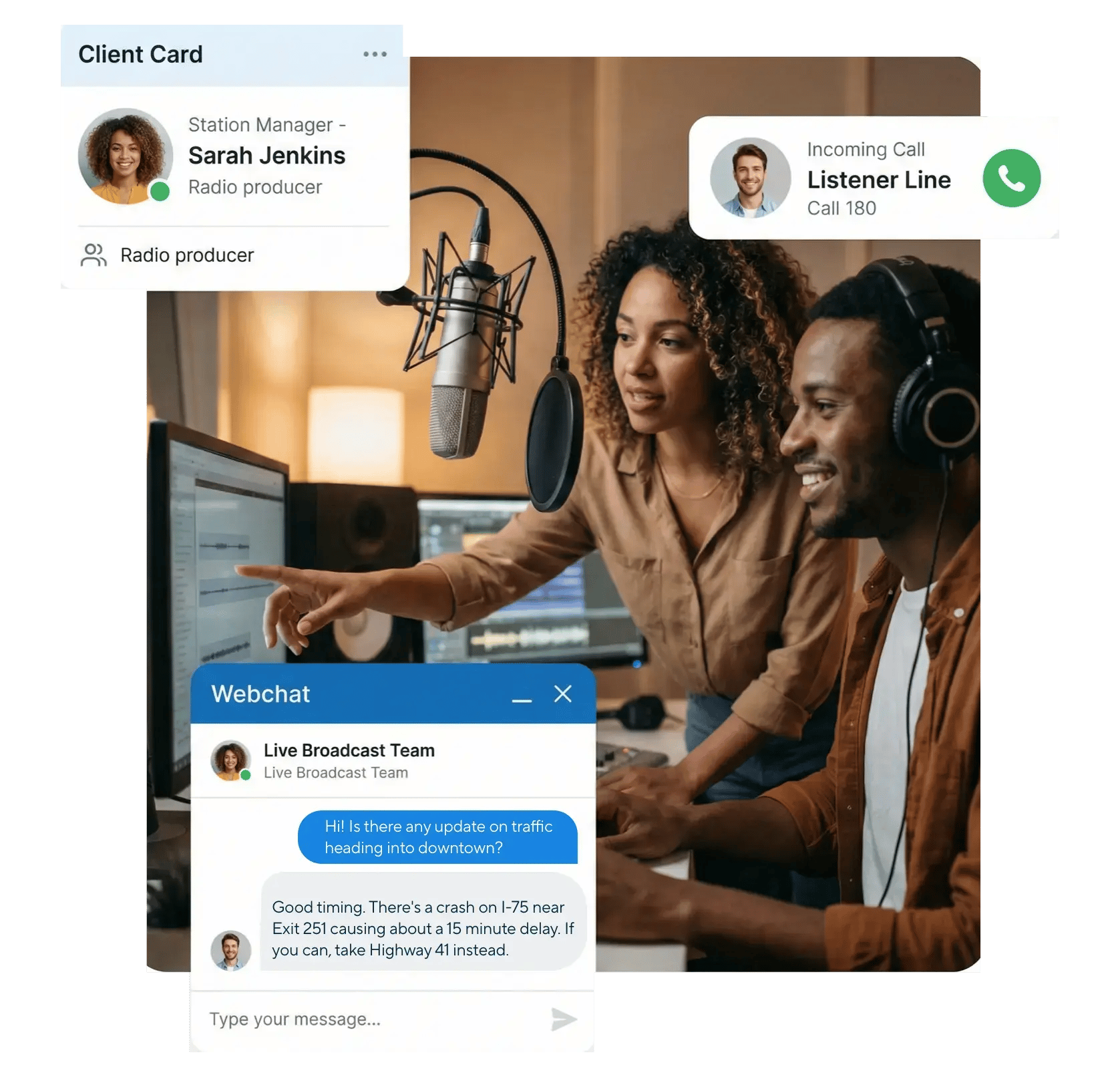 Two people in a recording studio. Bubbles around them that have a contact card for a radio producer, another with an incoming call on their listener line, and a web chat between two people highlighting traffic congestion.