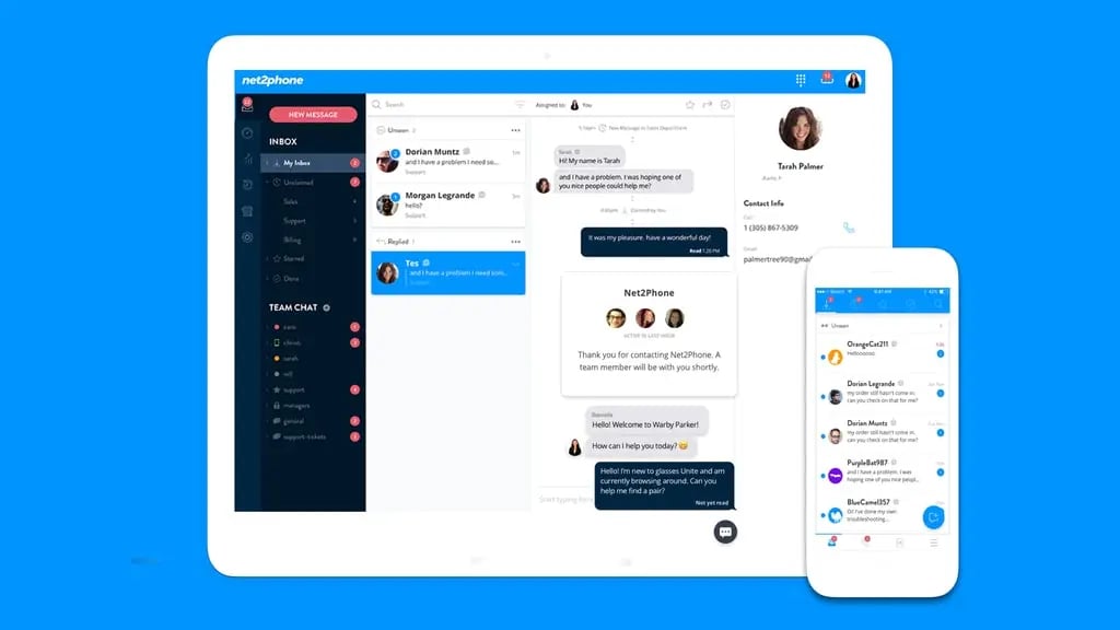 net2phone's business phone system app interface on mobile and tablet