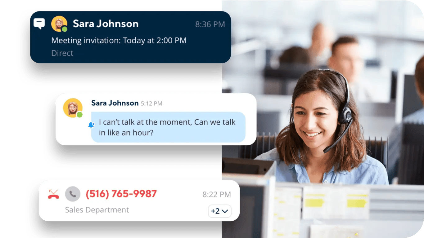 A woman uses small business phone service