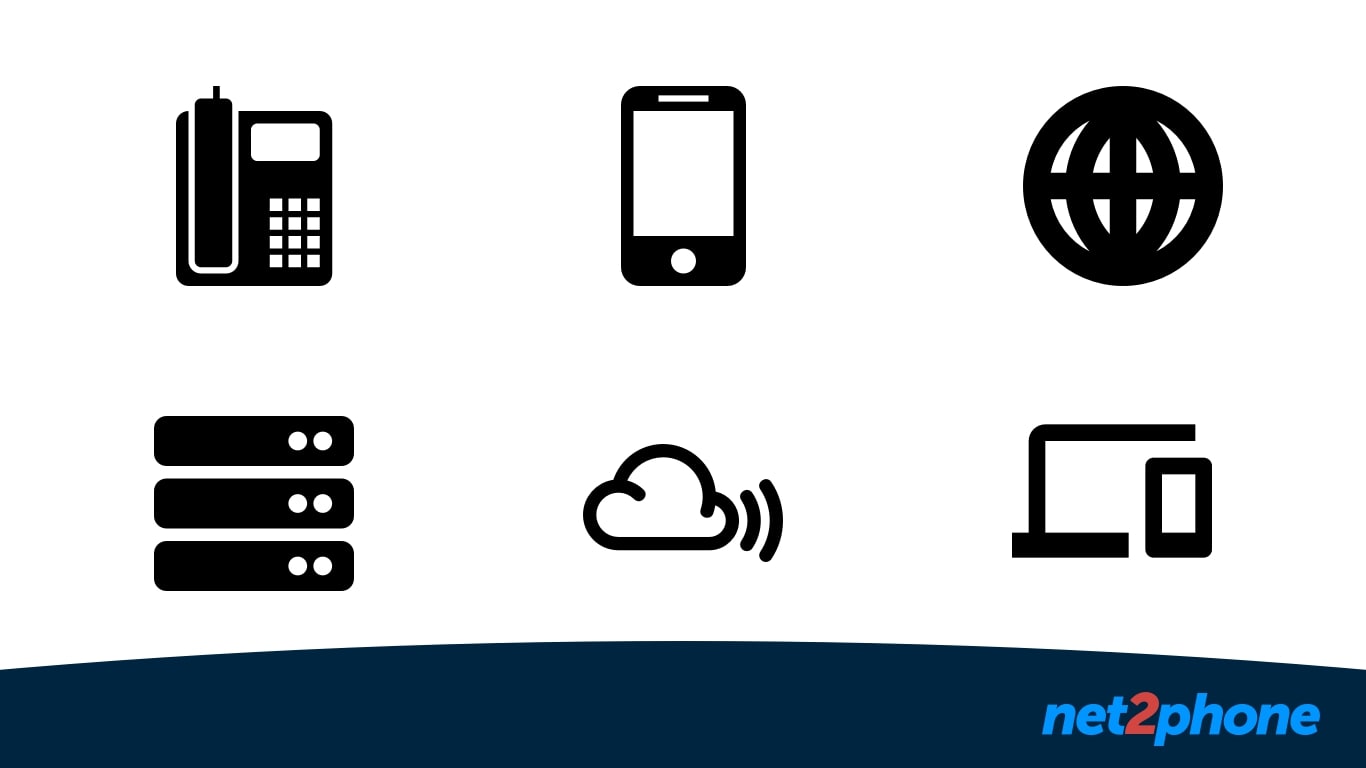 Icons of different types of business phone systems are listed: landline, mobile, virtual, self-hosted, and cloud VoIP, and hybrid