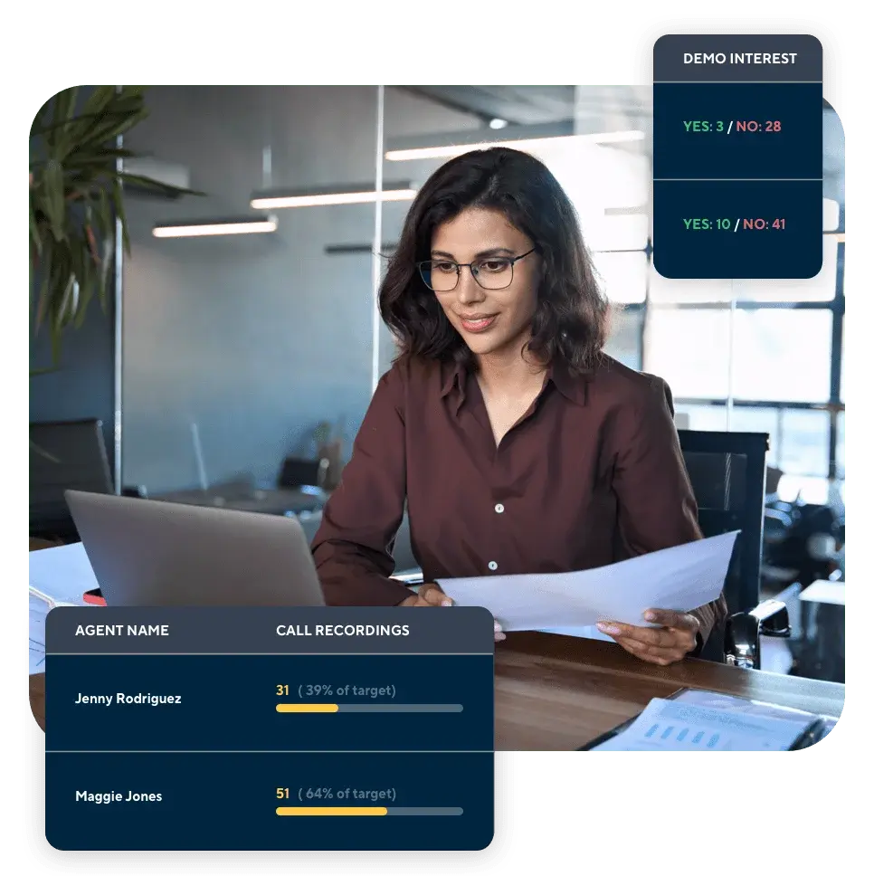 Female sales agent reviewing performance metrics on her laptop with overlay showing demo interest results and individual call recording stats