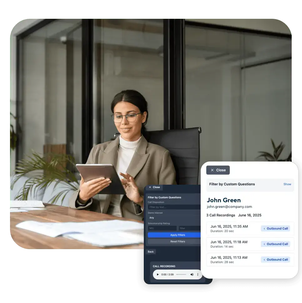 Businesswoman using a tablet to review filtered call recordings and custom insights for a sales agent's outbound calls.