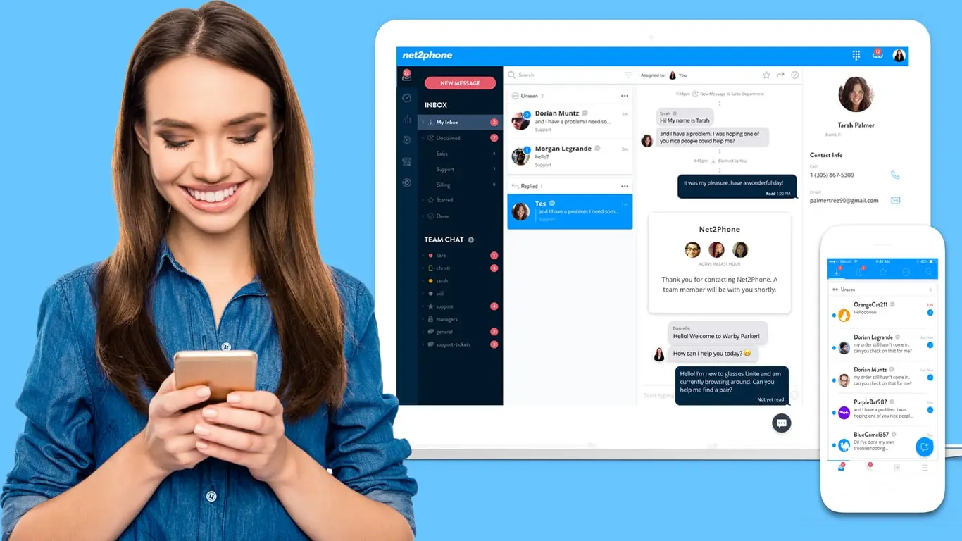 A woman chatting and smile. A phone systems mobile and tablet interface on the background