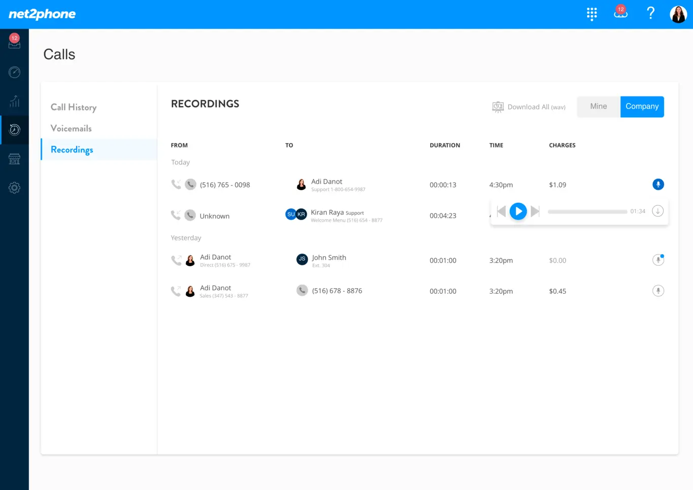 Calls recording software: main window