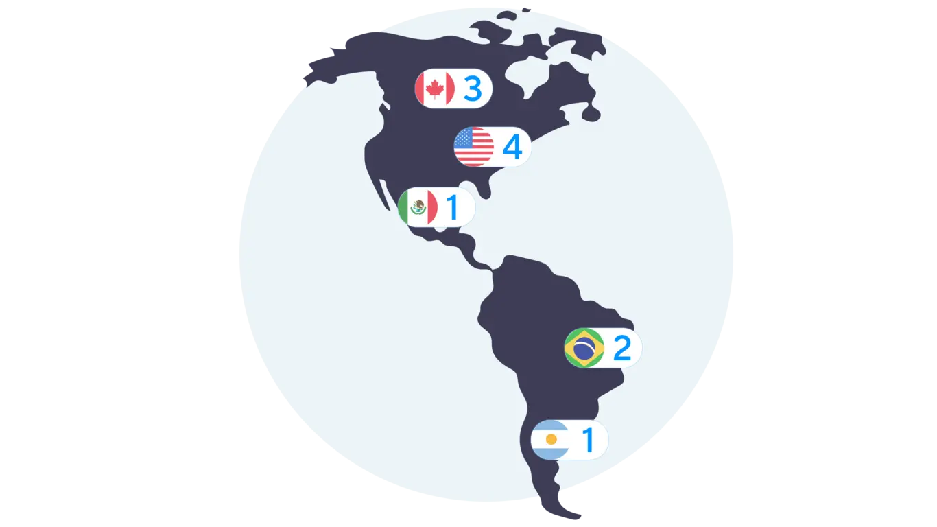 mostrar 11 pontos de presença no mapa: [4 nos EUA, 2 no Brasil, 1 na Argentina, 3 no Canadá, 1 no México