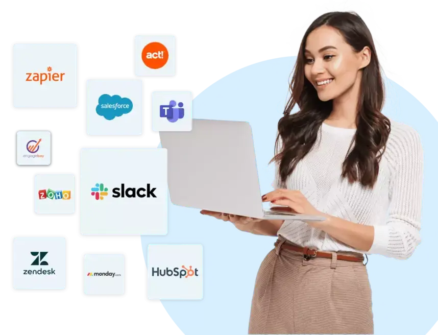 A woman holding a laptop and Icons of available integrations