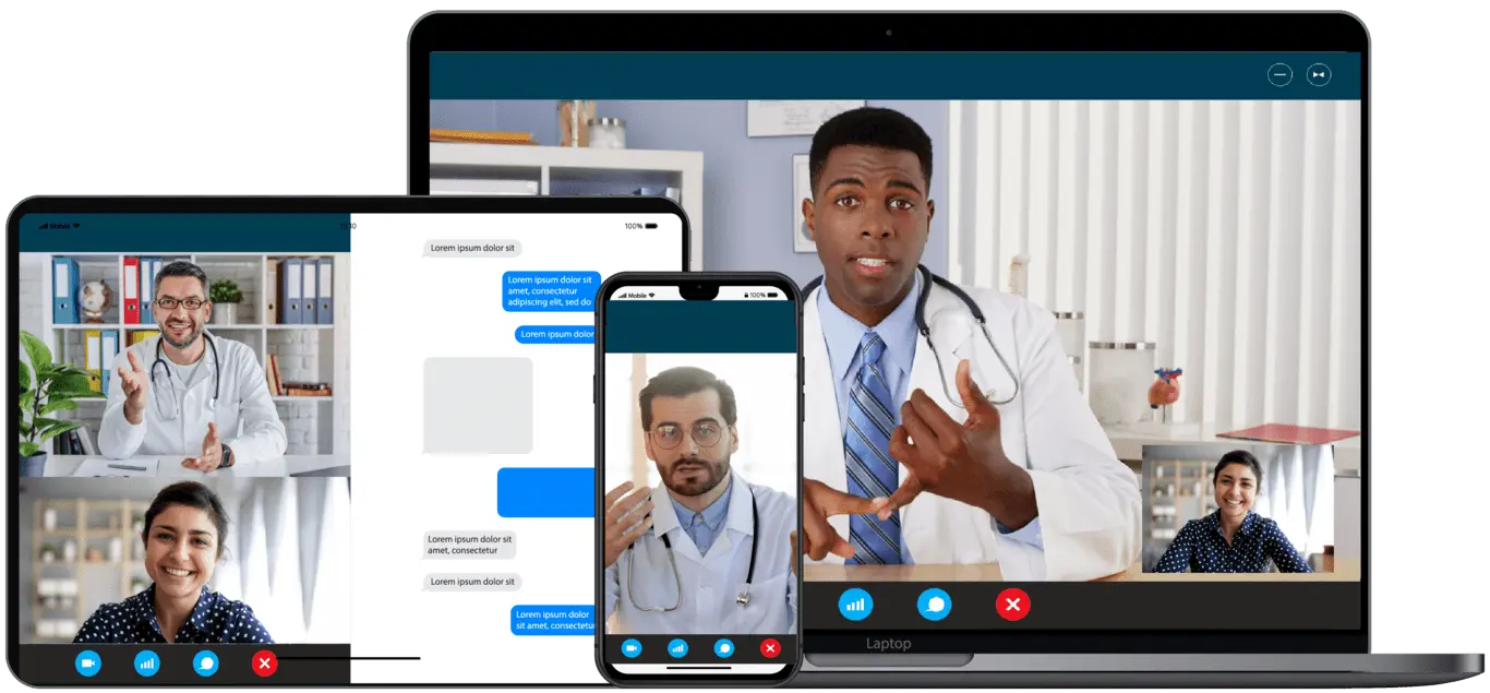 Médicos usam sistema telefônico de consultório médico para chamadas, mensagens e videoconferências no smartphone, tablet e laptop