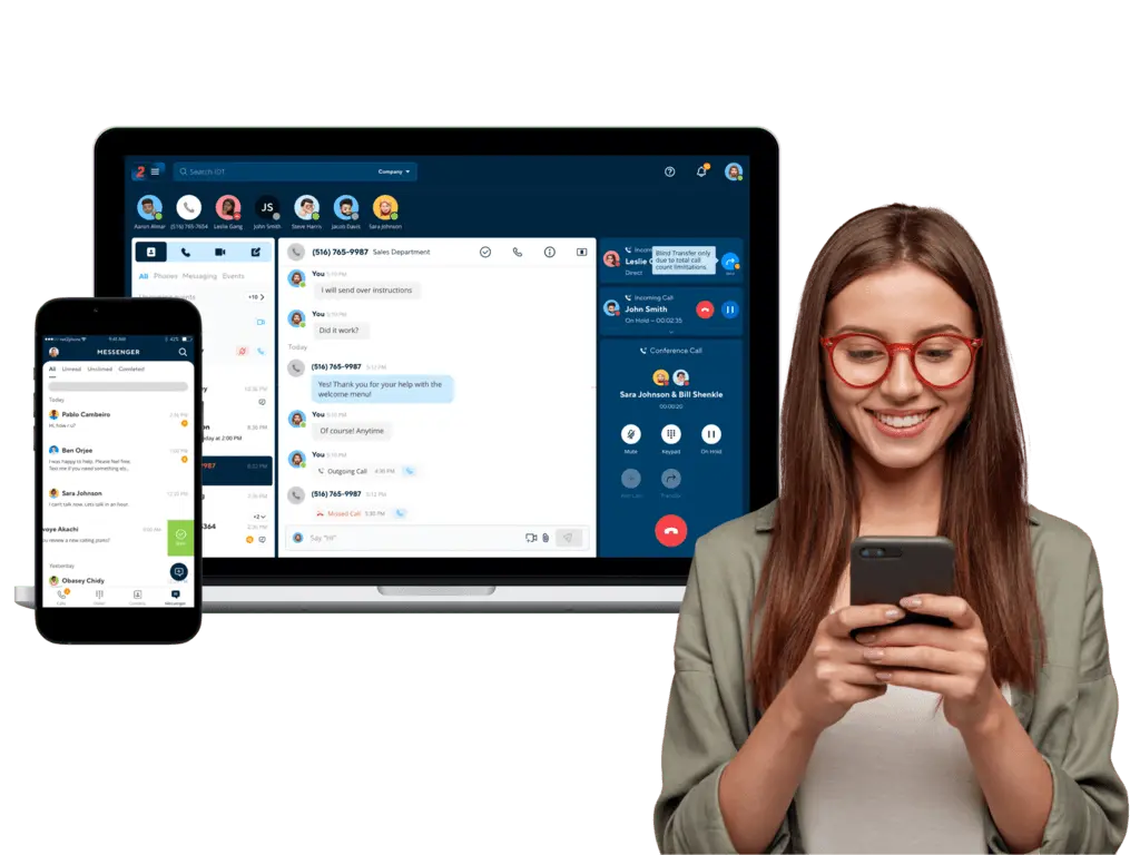 A woman typing a messages with phone service interface on the background