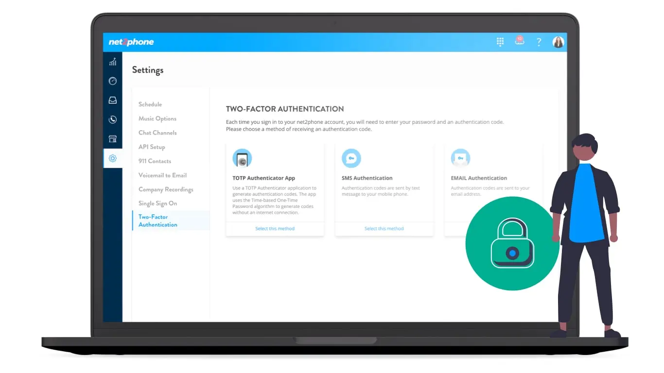 Types of two-factor authentication in net2phone's desktop App interface