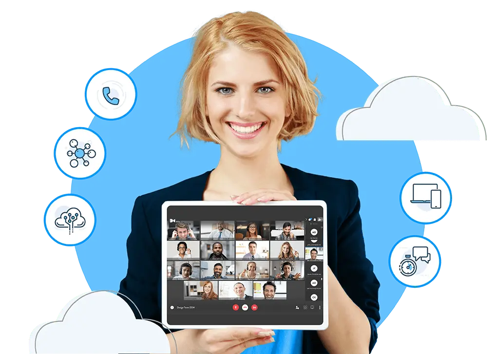 Woman showing video conferencing on a tablet-min