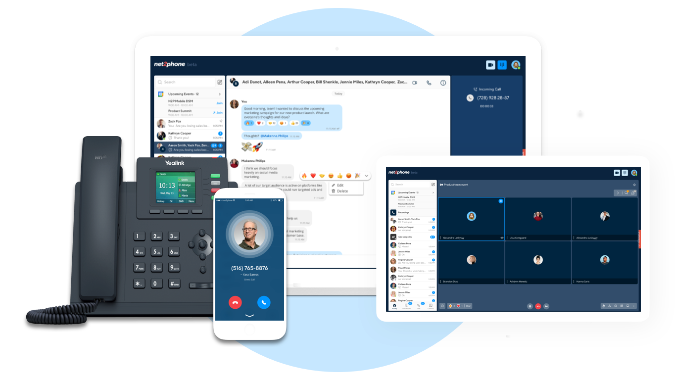 net2phone business phone system interface on various devices: laptop, tablet, smartphone, and IP phone